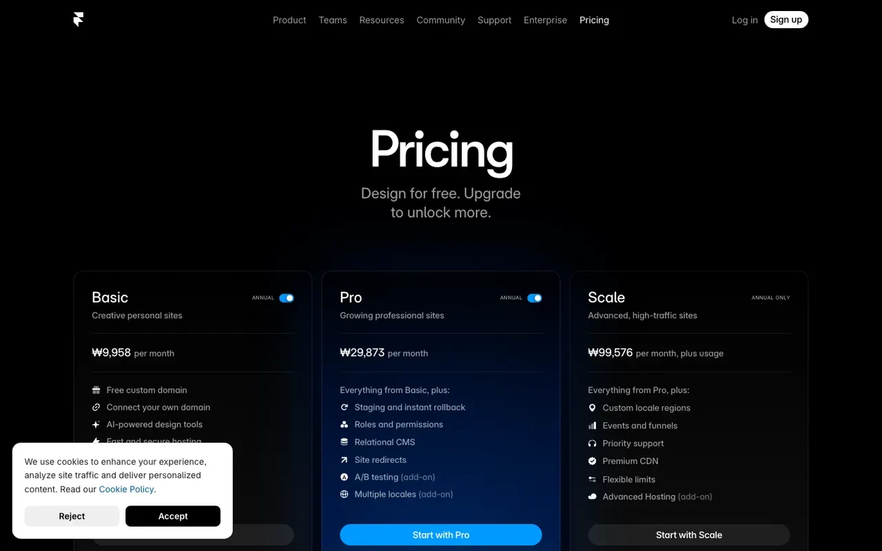 Framer 가격 페이지 &mdash; Free, Basic, Pro, Scale 요금제 비교
