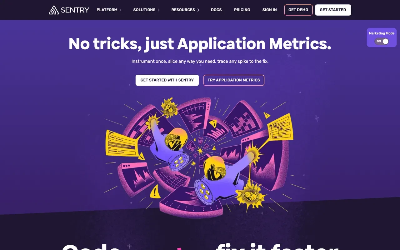 Sentry 홈페이지 &mdash; "No tricks, just Application Metrics" 슬로건과 함께 에러 추적에서 원인 파악까지의 과정을 시각화