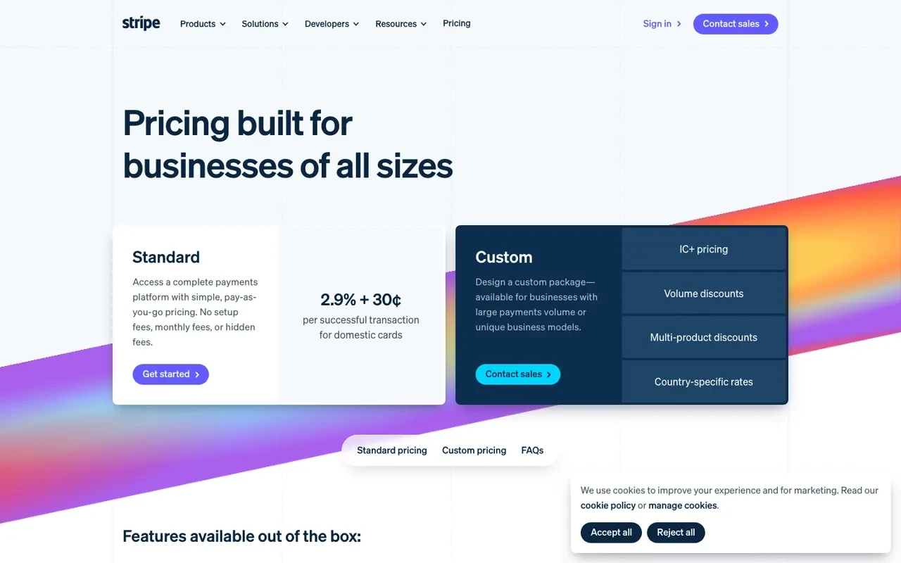 Stripe 가격 페이지 &mdash; Standard 요금제와 Custom 요금제 비교