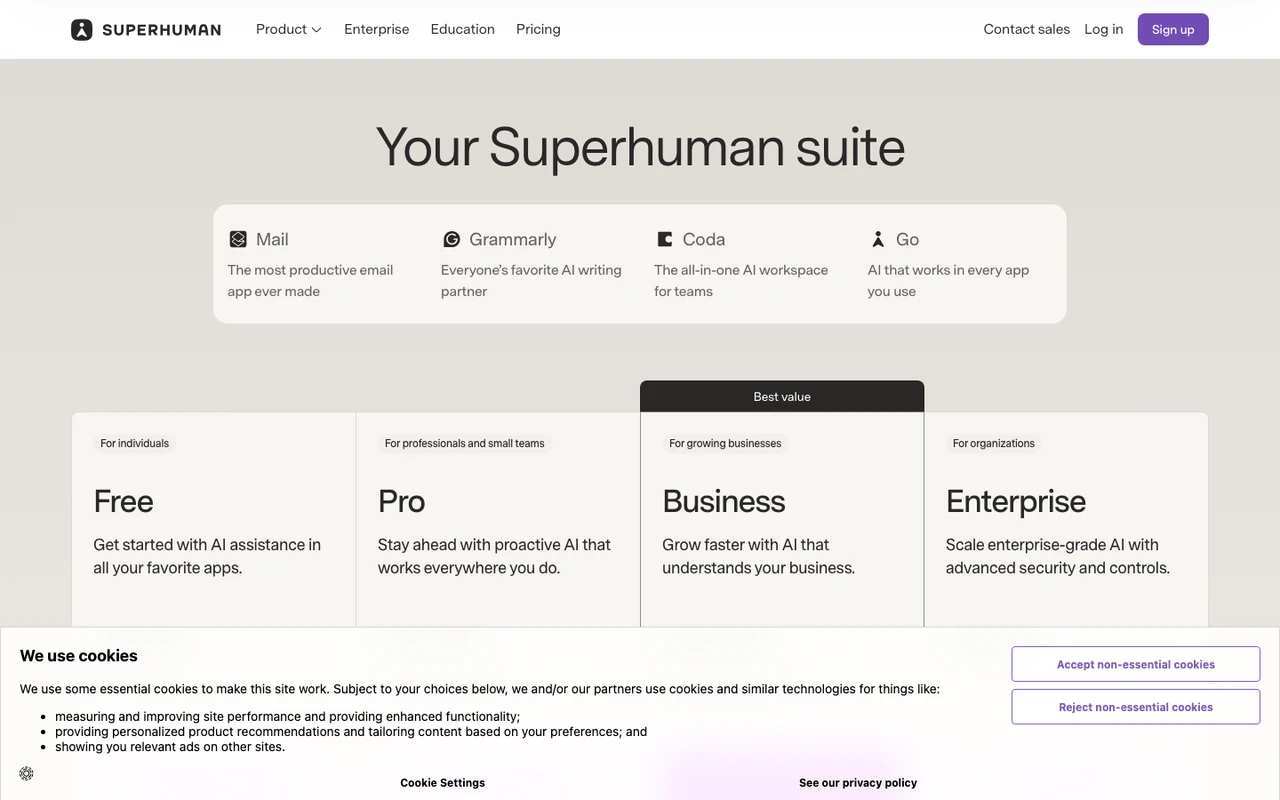 Superhuman Suite 가격 화면 &mdash; Mail, Grammarly, Coda, Go와 사용자 규모별 요금제