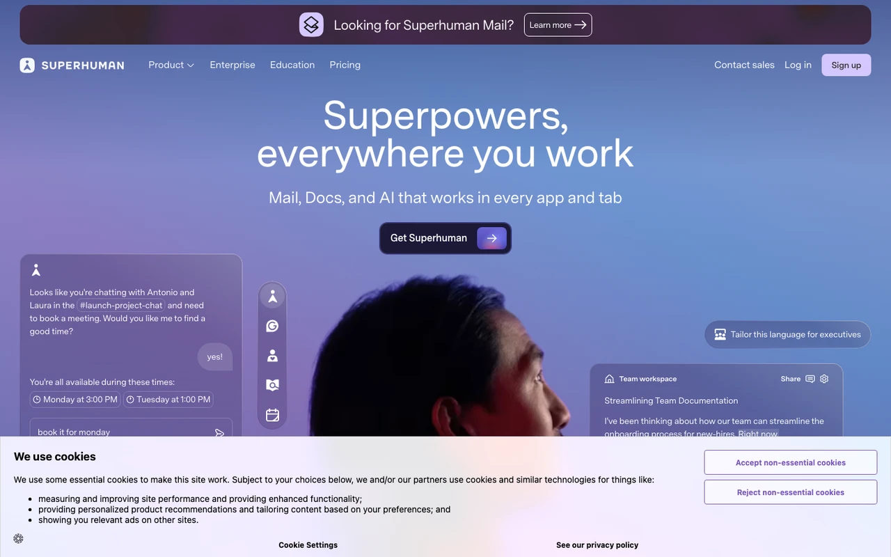 Superhuman 홈페이지 &mdash; Mail, Docs, AI가 모든 앱과 탭에서 작동한다는 메시지