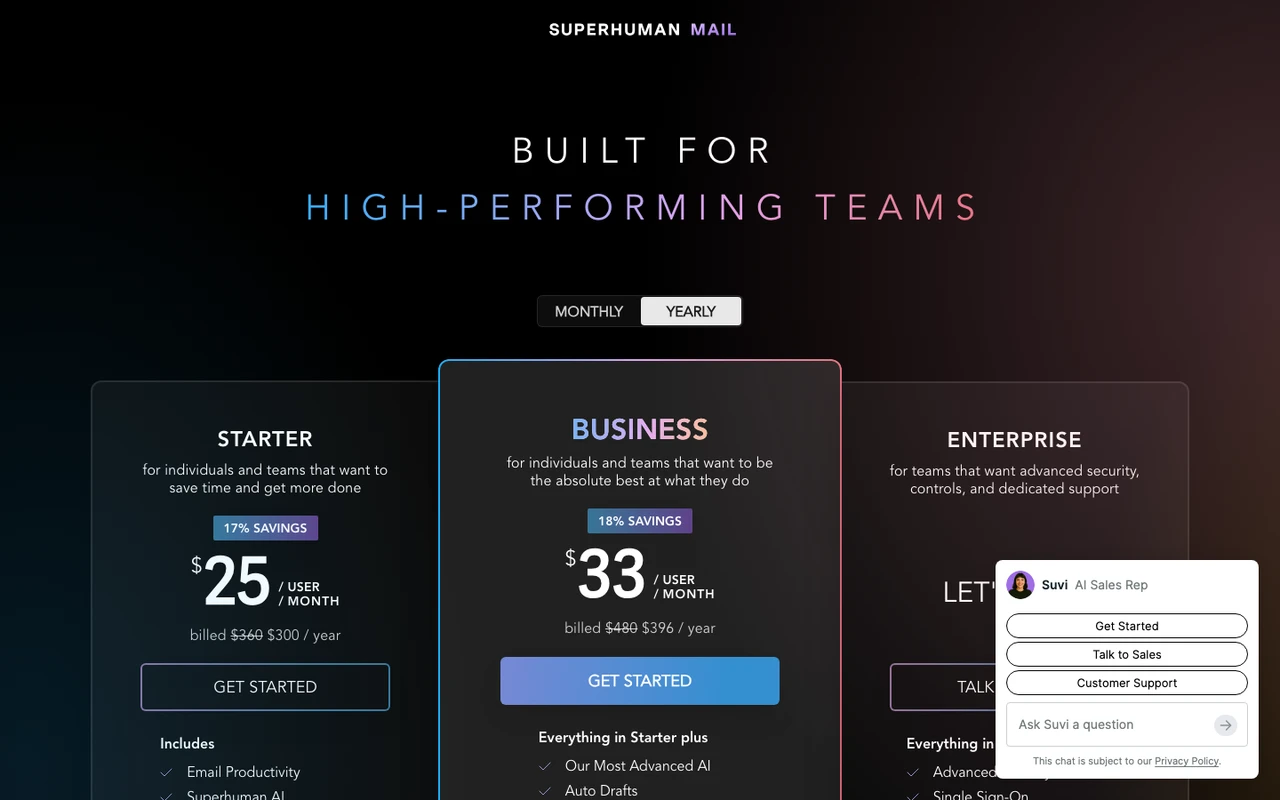 Superhuman Mail 가격 페이지 &mdash; Starter, Business, Enterprise 요금제